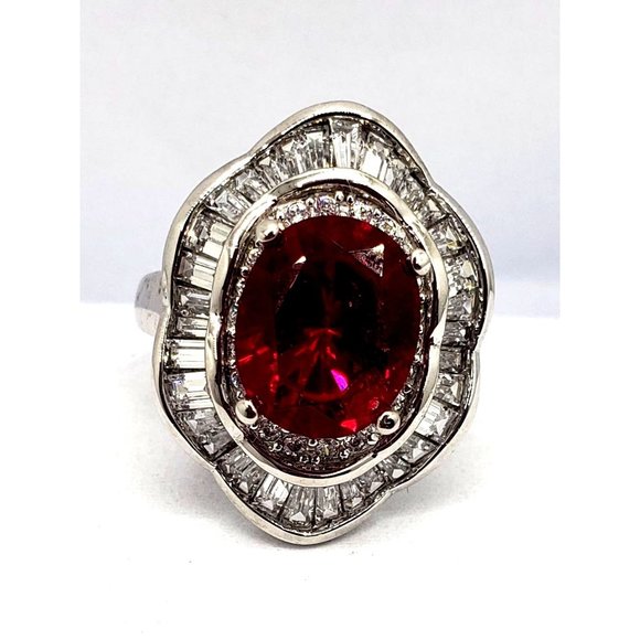 Cocktail Ring 14k white gold, Red Cubic Zirconia Size 8 - Picture 9 of 12